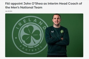 官方：约翰-奥谢担任爱尔兰临时主帅，将带队踢3月两场友谊赛