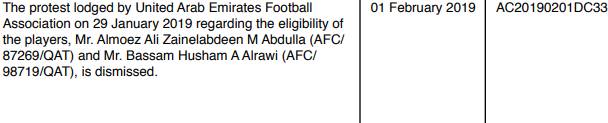诉求无效，阿联酋要求取消卡塔尔成绩被亚足联驳回