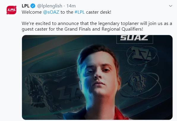 LPL官推:传奇上单sOAZ成为LPL总决赛与S9资