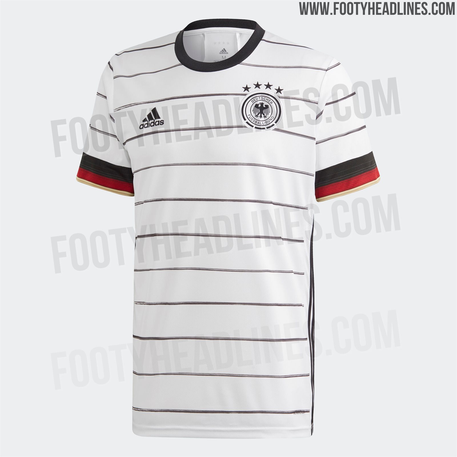 德国队2020欧洲杯主场球衣曝光：黑色条纹搭配国旗配色袖口