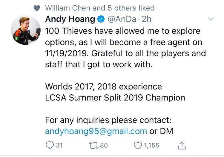 100T战队打野AnDa宣布成为自由人 发推寻找新