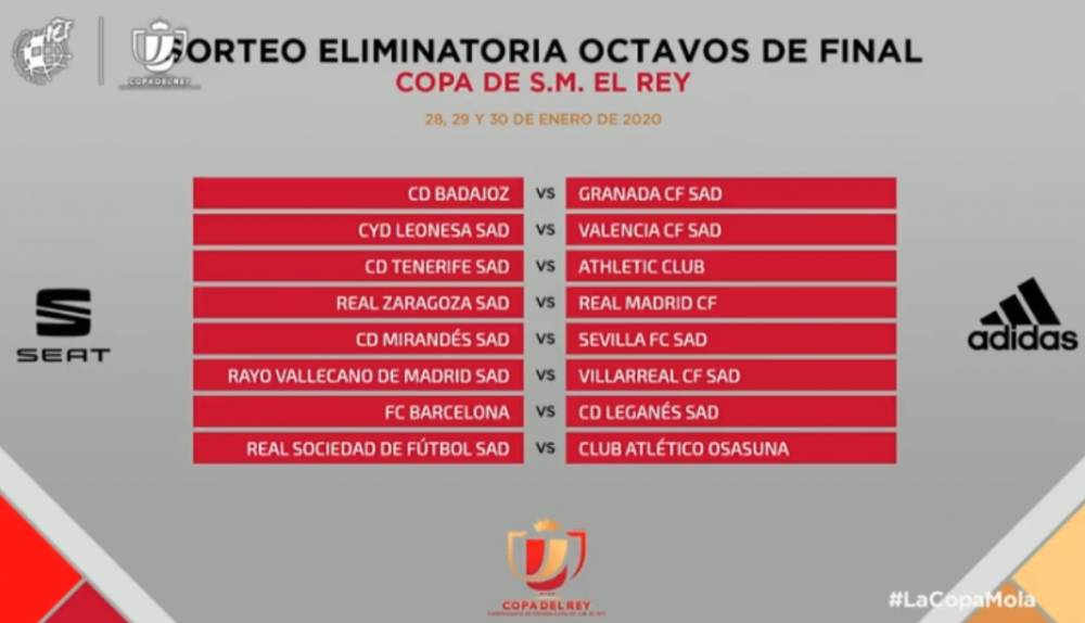 国王杯八分之一决赛对阵:皇马vs萨拉戈萨,巴萨