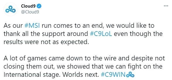 C9官推：我们证明了我们仍可以在国际舞台上有一战之力 世界赛见