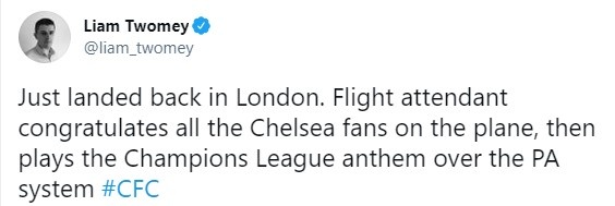 记者：伦敦航班乘务员在飞机上祝贺蓝军球迷，并广播欧冠主题曲