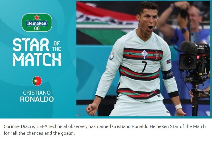 官方：C罗当选匈牙利vs葡萄牙全场最佳球员