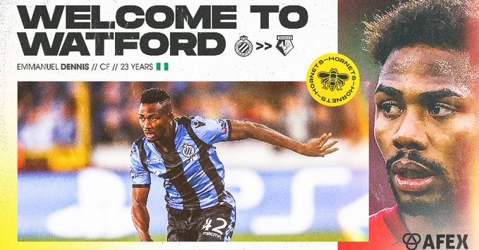 官方:沃特福德签下布鲁日23岁前锋丹尼斯 球员曾对皇马梅开二度