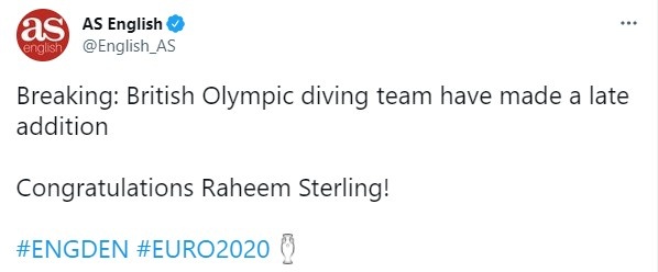 阿斯报调侃斯特林倒地：恭喜英国奥运跳水队补招一人！
