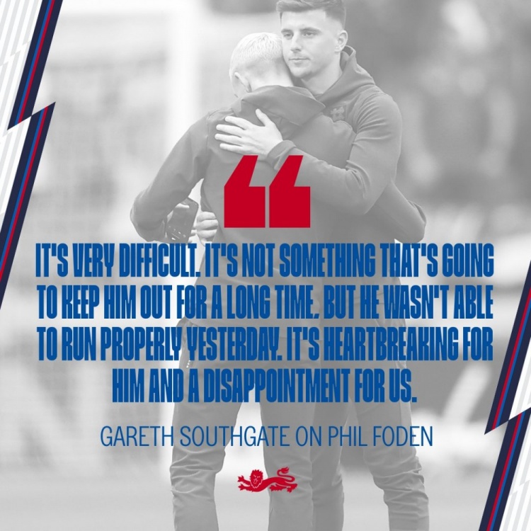 索斯盖特：福登落选名单因为受伤，昨天他没法正常跑步