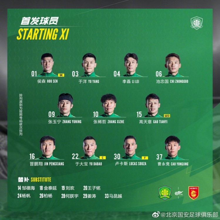 北京国安vs河北首发：张玉宁、索萨出战，河北三外援齐先发