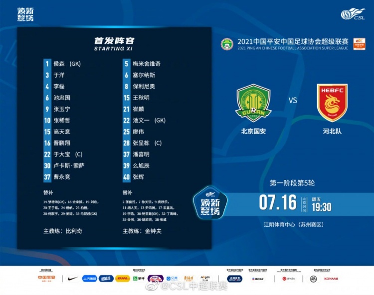 北京国安vs河北首发：张玉宁、索萨出战，河北三外援齐先发