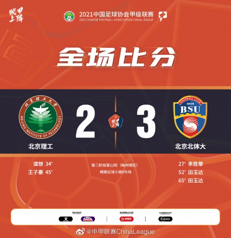 中甲-田玉达双响谭想神仙球 北体大3-2北理工收获两连胜