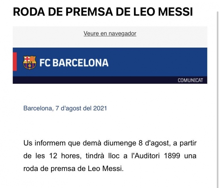 梅西将在北京时间明天下午六点，在诺坎普举行新闻发布会