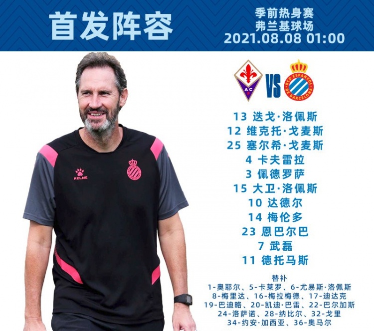 友谊赛-西班牙人vs佛罗伦萨首发：武磊、德托马斯先发出战