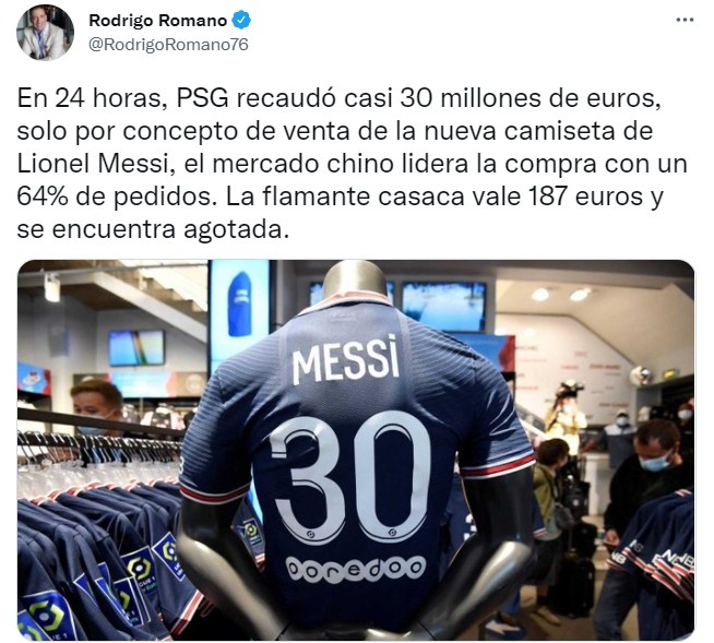 记者：巴黎一天的梅西球衣销售额达3000万欧，中国市场占64%