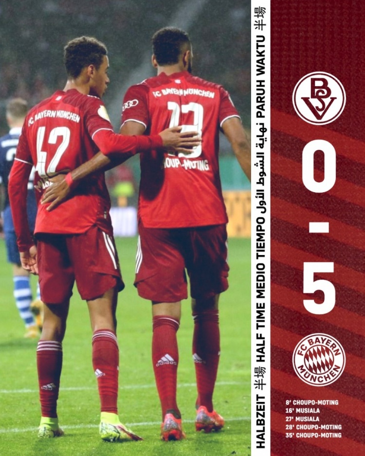 半场-舒波-莫廷戴帽穆西亚拉造两球 拜仁暂时5-0 SV不莱梅