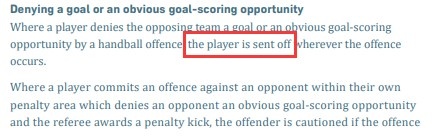 IFAB规则：禁区内手球阻挡进球机会，将被红牌罚下