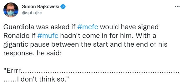 若曼联不介入曼城是否会签C罗?瓜迪奥拉停顿良久:我觉得不会