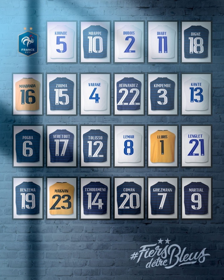 法国队公布球员号码:马夏尔9号,特奥22号、朗格莱21号