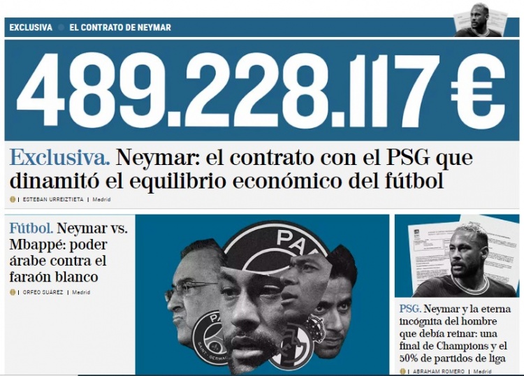 世界报：2017年巴黎引进内马尔，转会费+薪水总额达4.89亿欧