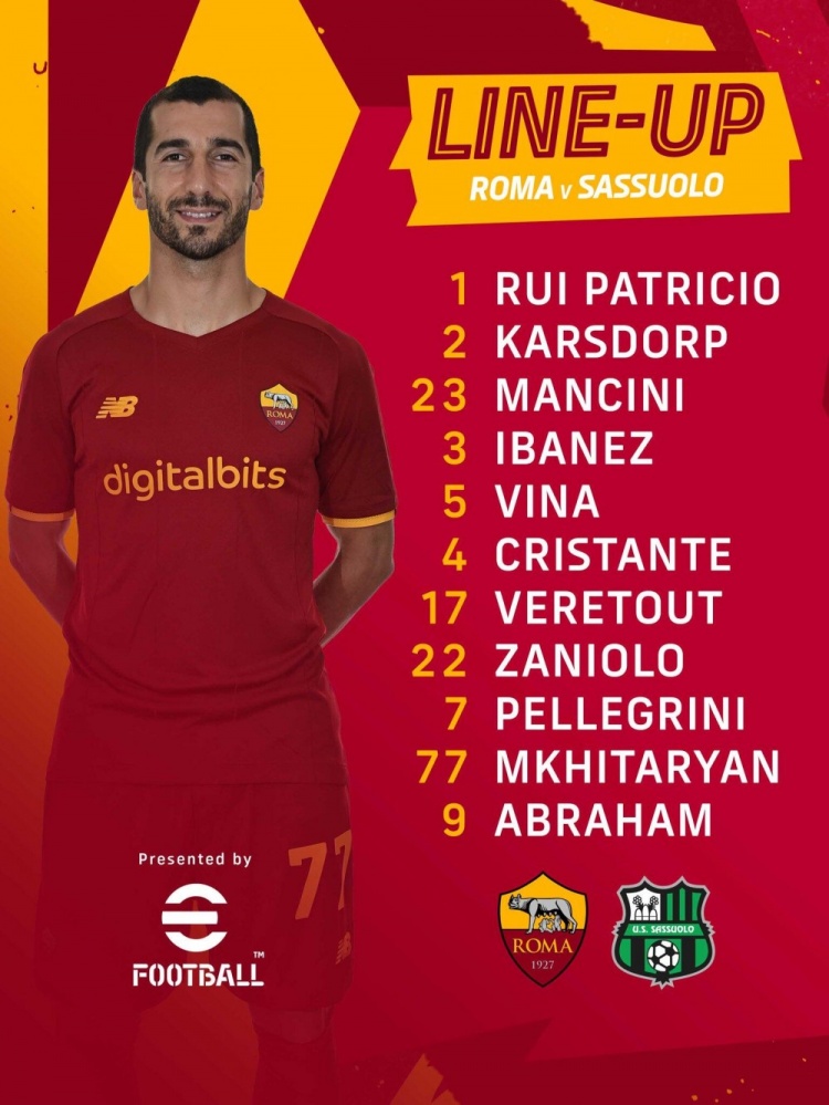 罗马战萨索洛首发:亚伯拉罕领衔锋线,扎尼奥洛出战