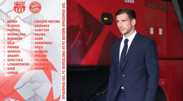 拜仁战巴萨大名单：莱万领衔，格纳布里、萨比策在列