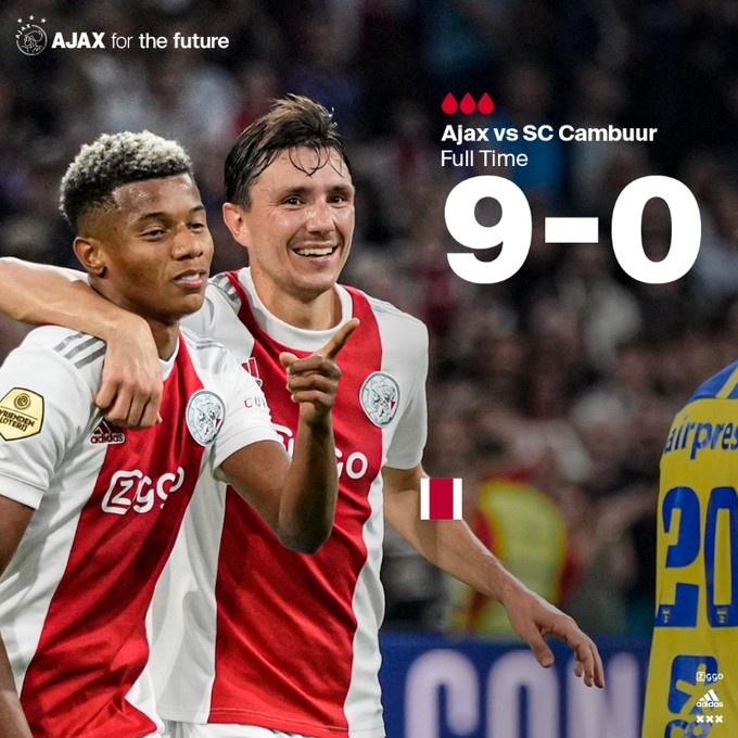 荷甲-阿贾克斯9-0坎布尔：8人破门，内雷斯&塔迪奇各造3球