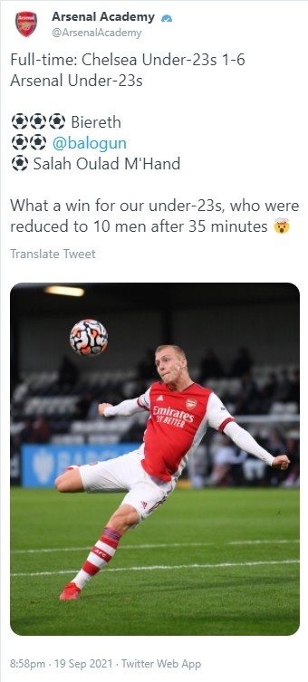 未来可期！10人阿森纳U23 6-1大胜切尔西U23，18岁比瑞斯戴帽