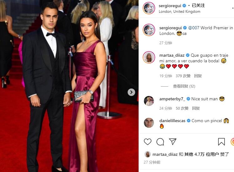 盛装出席,雷吉隆和女友参加《007:无暇赴死》伦敦首映礼