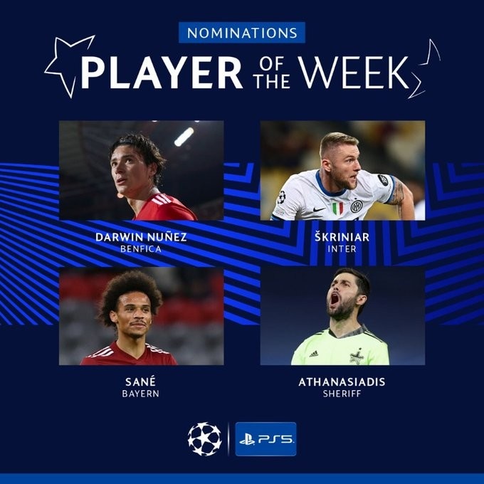 欧冠周最佳球员候选:萨内、什克、努涅斯以及谢里夫门将