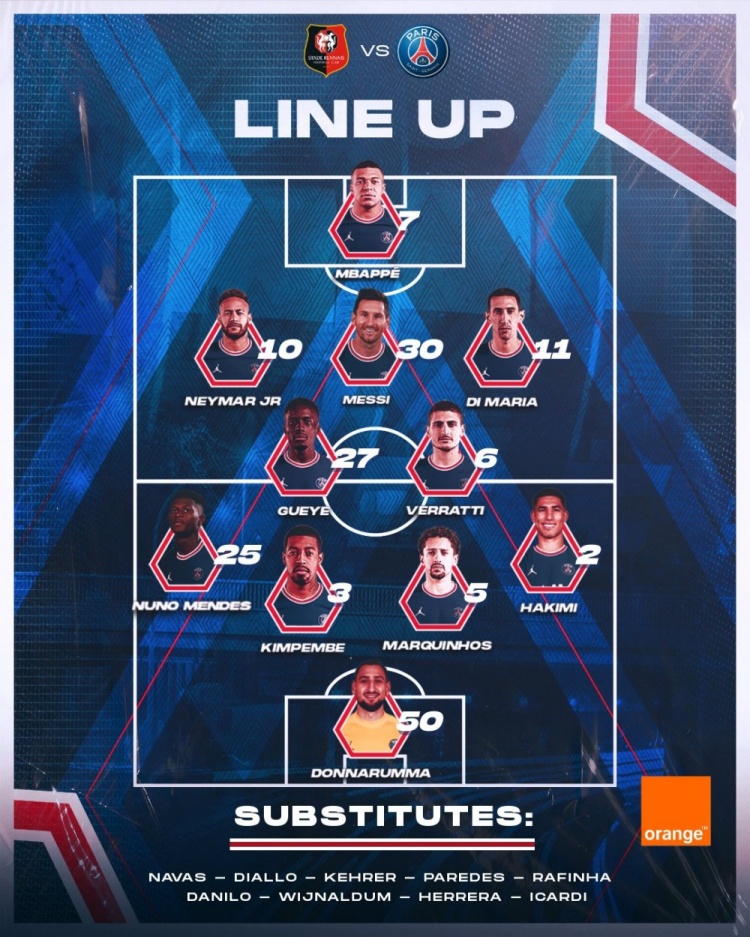 巴黎vs雷恩首发:内马尔、梅西、姆巴佩、迪马利亚先发