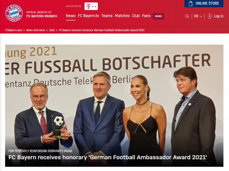 官方:拜仁获得“2021年德国足球大使荣誉奖”