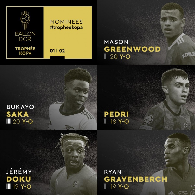 法国足球科帕奖10人候选：佩德里、格林伍德、萨卡、穆西亚拉在列