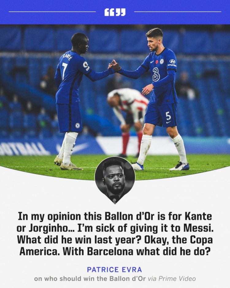 埃弗拉:我厌倦了总把金球奖给梅西,若日尼奥获奖才公平