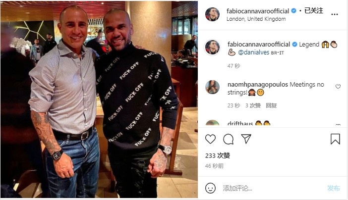 卡纳瓦罗社媒晒与阿尔维斯合照:传奇???