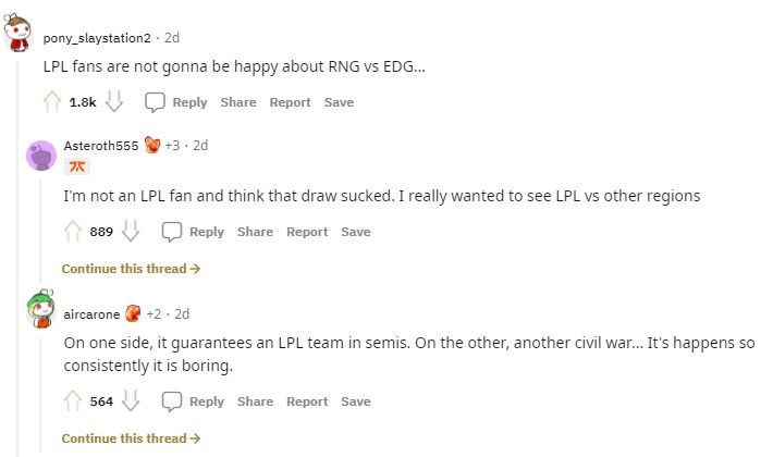 Reddit热议本次八强分组情况：LPL内战无聊啊，想看他们打外赛区