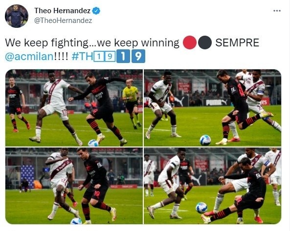 特奥：一直战斗一直赢，米兰永远加油！
