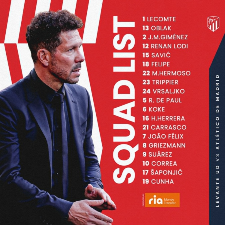 马竞本轮大名单:萨维奇复出,勒马尔、孔多比亚缺席