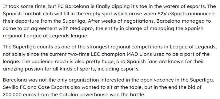 【流言板】巴萨收购LOL西班牙超级联赛的席位进军电竞行业