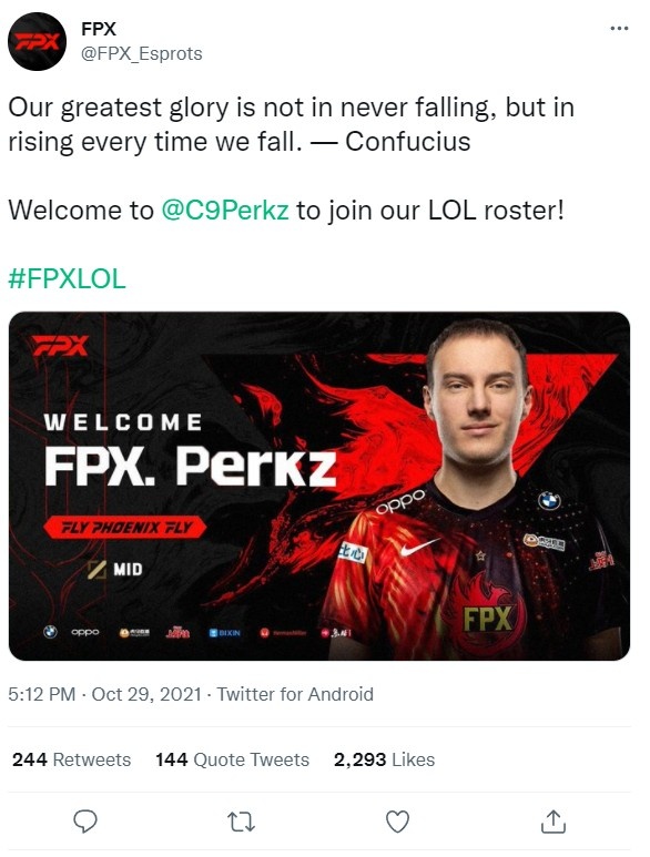 FPX推特整活：听说阿P又要换队伍了？欢迎FPX新中路Perkz！