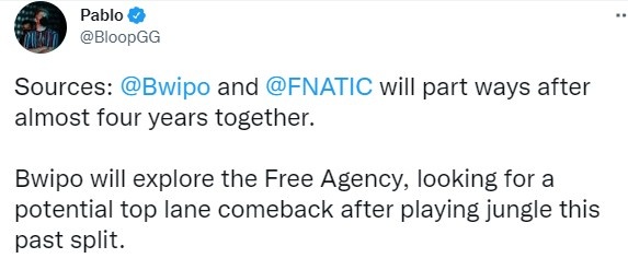 外媒爆料：Bwipo将不会和FNC续约 新赛季重回上单位置