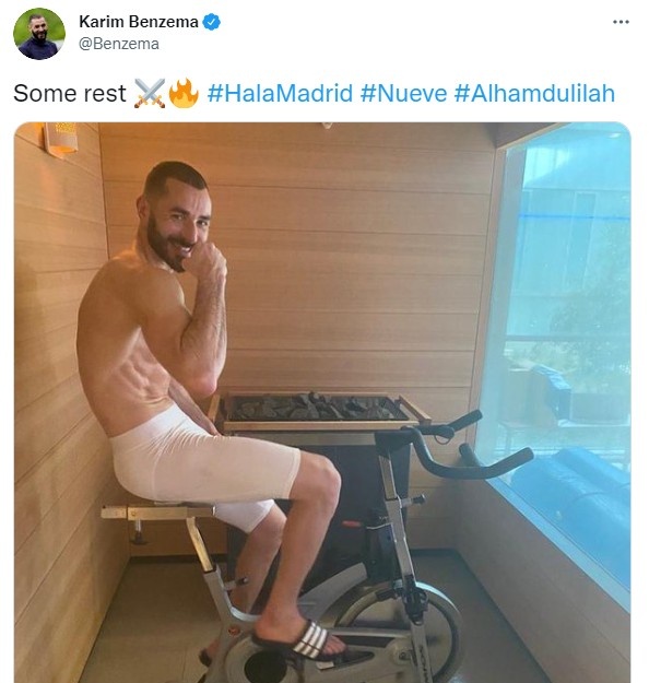 轮休效果不错?本泽马晒健身照:休息一下!