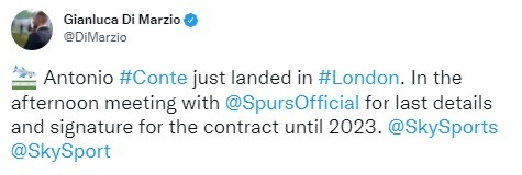 迪马济奥：孔蒂飞抵伦敦，即将与热刺签约至2023年
