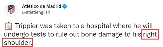 马竞官方：特里皮尔将在医院接受检查，以排除右肩骨头损伤的可能