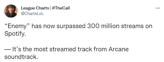 双城之战全球主题曲enemy在spotify上的播放量已超过3亿