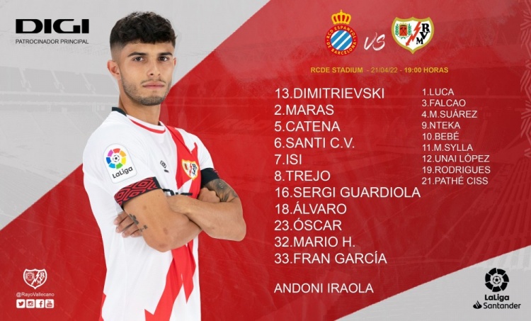 西班牙人vs巴列卡诺首发:武磊替补,德托马斯先发,法尔考替补