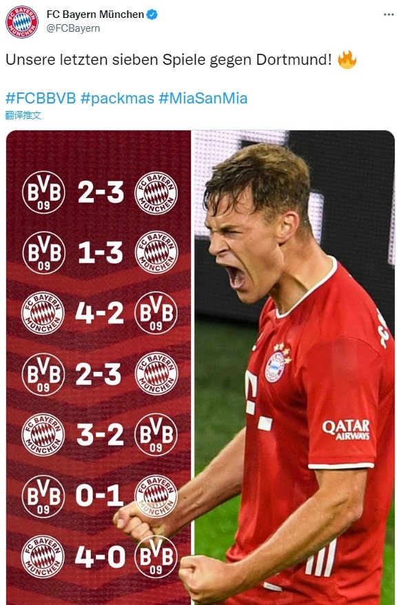 拜仁官推晒对阵多特战绩:近七次交手全胜,最大比分4-0