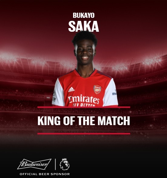 英超官方：萨卡当选阿森纳vs曼联全场最佳球员