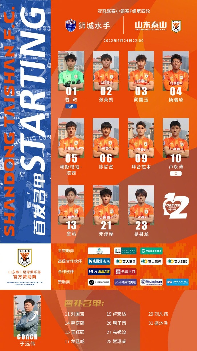 山东泰山vs狮城水手首发：易县龙、卢永涛先发；金信煜出战