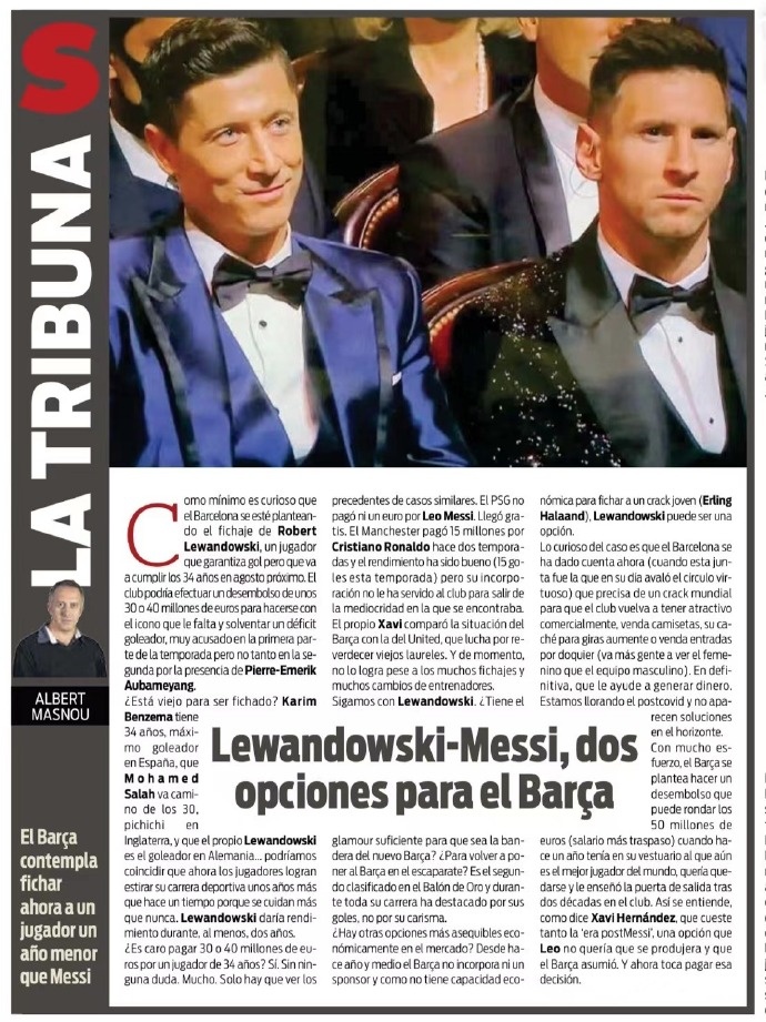 记者观点:莱万多夫斯基和梅西,巴萨的两个选择