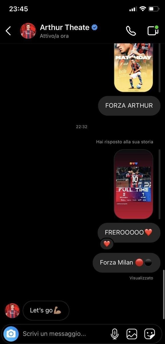 也是米兰球迷？博洛尼亚后卫泰特回复私聊：let's go！